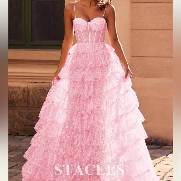 NWT Pink tiered prom gown glitter tulle with sweep train, size 2 , candy pink - Picture 8 of 12